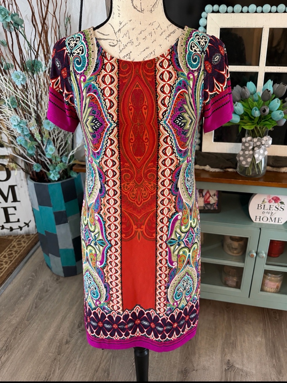 Sunny Leigh Multicolor Paisley Midi Dress in Orange, Pink, Teal Small